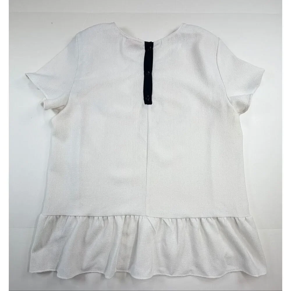 Tory Burch Ivory Back Ruffle Blouse Short Sleeve Textured Top Women Size Large *